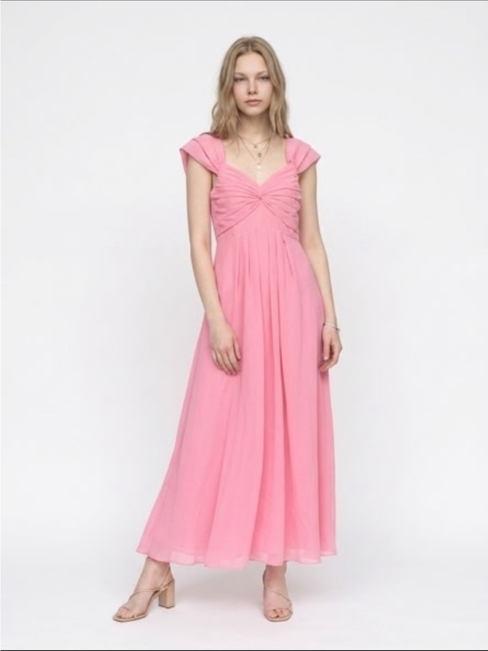 Miss Veil Chiffon Cap-Sleeve Pink Maxi Dress with Twisted Bodice